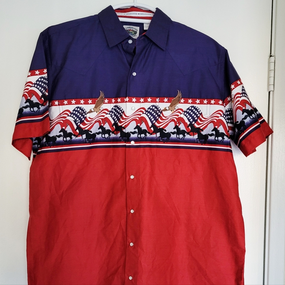 VTG Cumberland Outfitters Patriotic Shirt Mens LT Horse Flag Pearl Snap